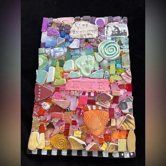 Handmade Mosaic Art” Enchanted Life”Polymer Clay Original On Wood 12”x 8” - Picture 2 of 10